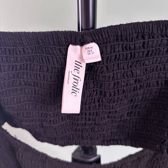 The Frolic Fin Linen Shirred Front Puff Sleeve Midi Summer Dress Black Size 8 - Picture 7 of 10